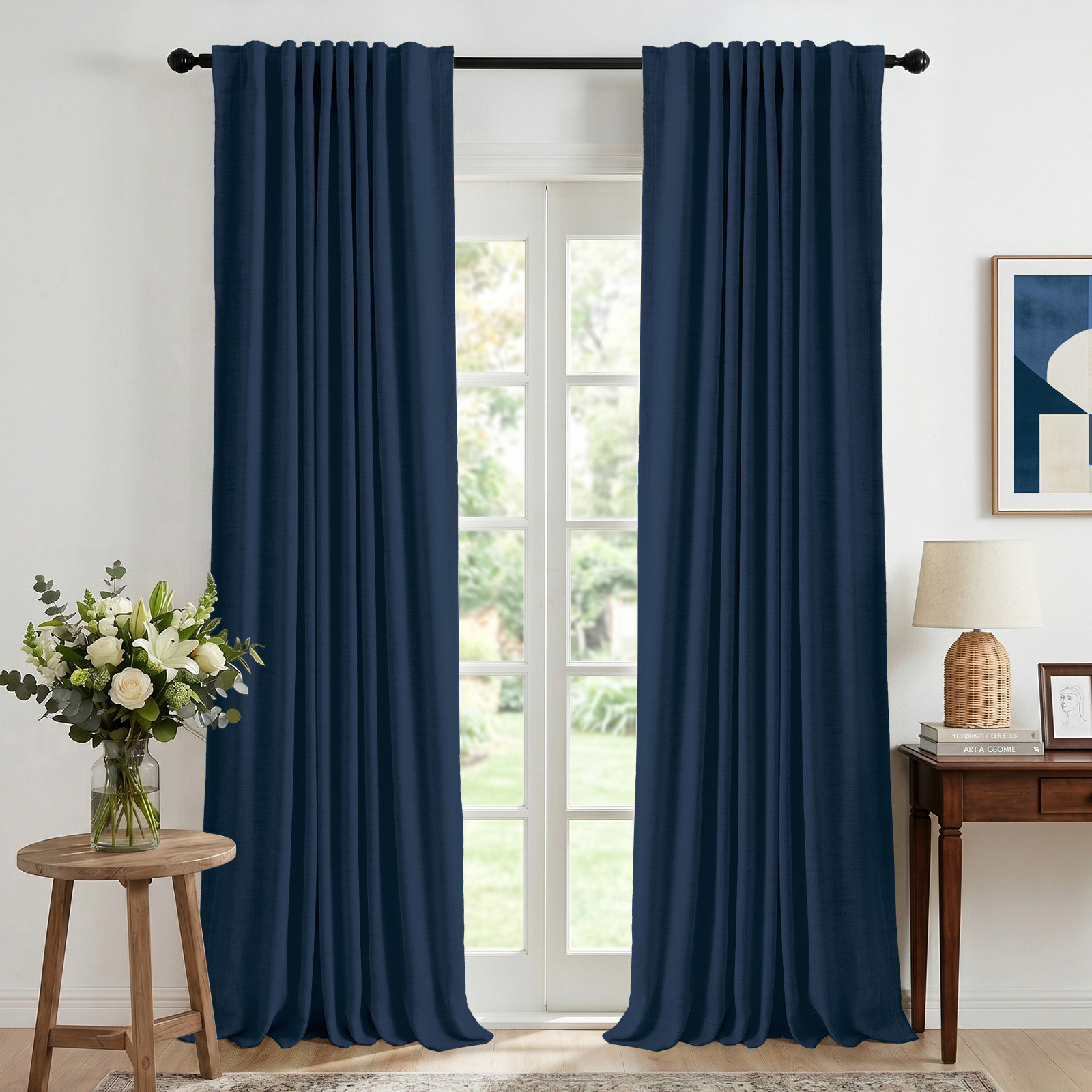 Graciella Faux Linen Blackout Curtain Set, 50" W x 108" L, Midnight Blue