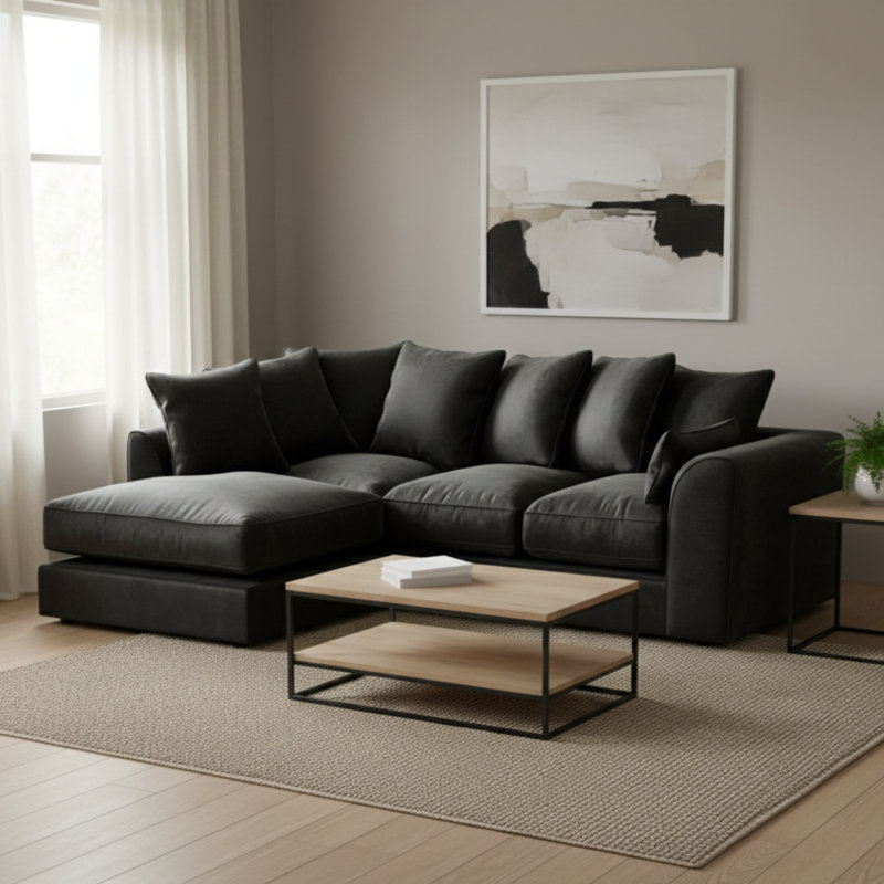 4 Seater Velvet Sofa & Chaise, Black, Left