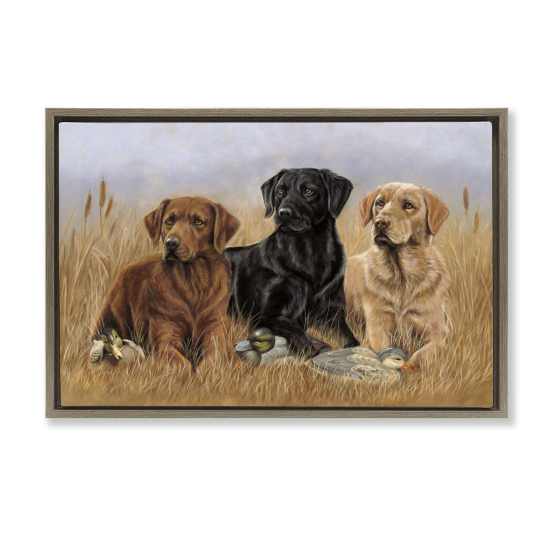 Toile flottante encadrée Dog Trio & Ducks par Victoria Schultz, Cadre flottant orme Montalcino, H 21 po x l 31 po