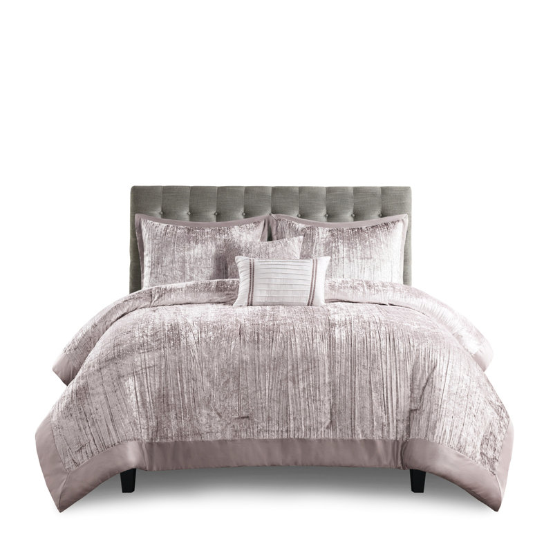 Édredon 5 pièces rosé double / grand - velours froissé, 2 taies décoratives et coussins décoratifs
