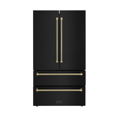 ZLINE Autograph 36 in. Counter-Depth Refrigerator in Black Stainless Steel and Gold Helix Handles