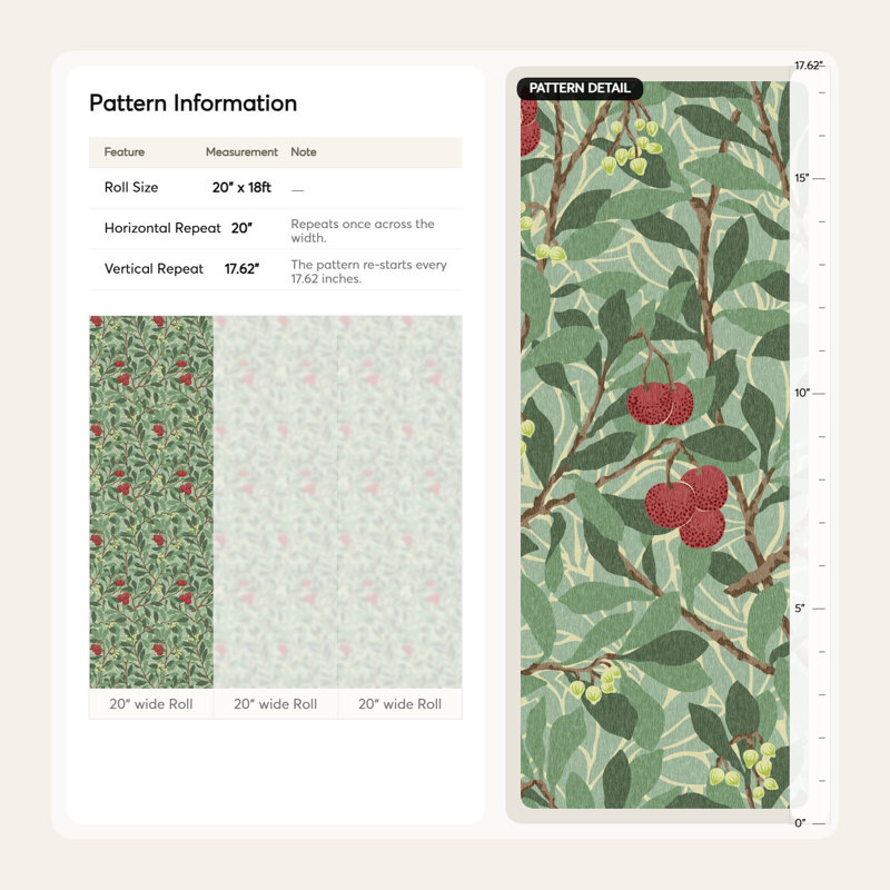 William Morris Arbutus Wallpaper Bryelle Peel & Stick Floral Roll, Dark Green