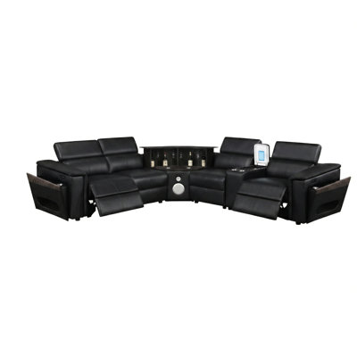 Canapé d'angle moderne noir avec 2 prises électriques, appuie-têtes réglables manuellement, chargement sans fil, ports, système audio, barre de son rétroéclairée à DEL, espaces de rangement, rangement dans les accoudoirs et console de lecture ou de congélation en option.