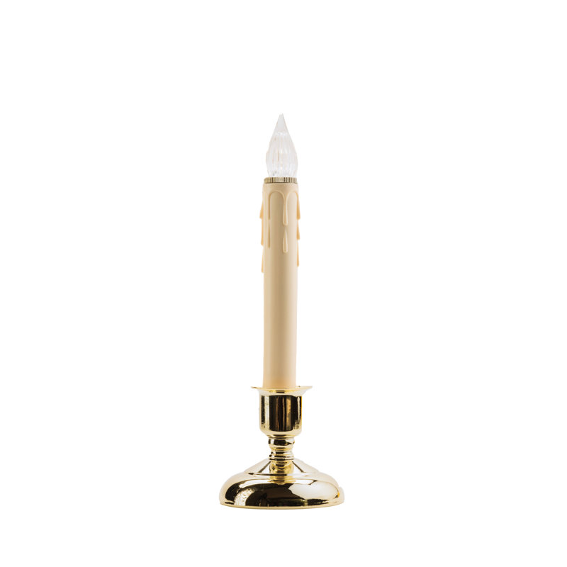 Unscented Flameless Taper Candle with Plastic Holder, Ivory/Brass