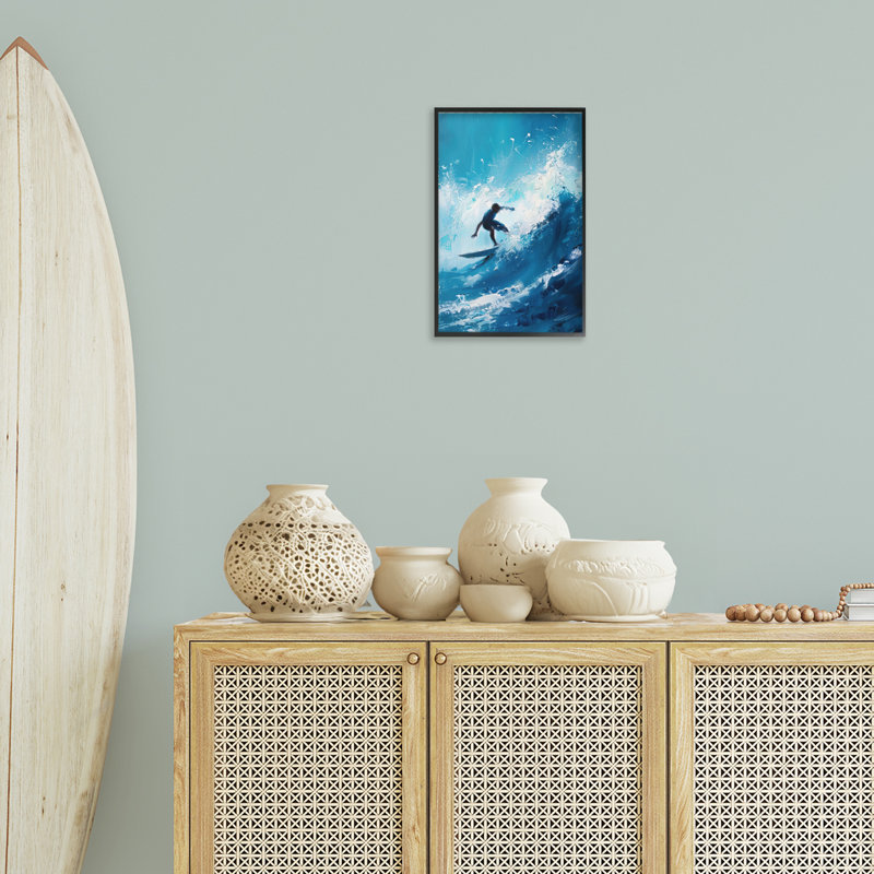 Surfer & Splashing Wave Framed Giclee, design by LSR Design Studio, 18" H x 12" W, Black