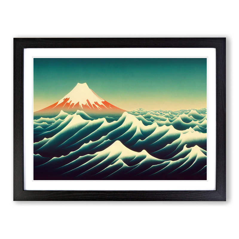 Idyllic Japanese Mountains - Single Picture Frame Painting, 46cm H x 64cm W x 2cm D, Black
