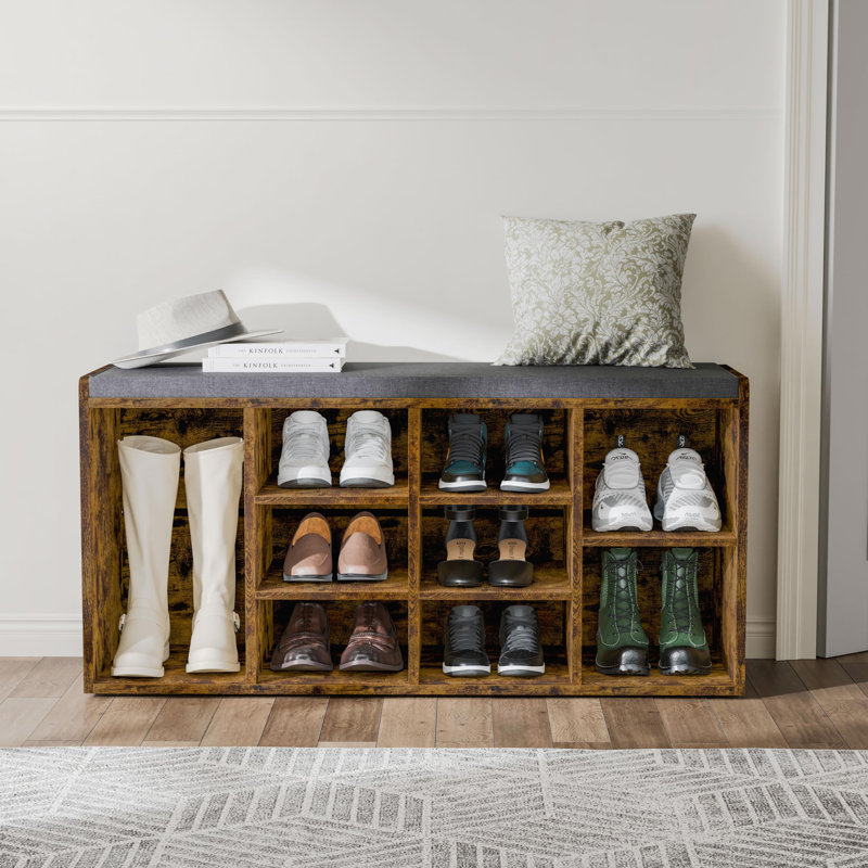 9 Pair Shoe Storage Bench, Rustic Brown/Dark Grey