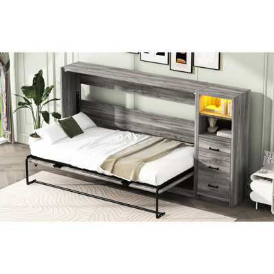 Twin Bed In Gray, 3 Drawers, Led , Foldable Feature, + Metal, Space - Saving For Small Spaces Gray With And Can Fold Into Cabinet, Easy To Up