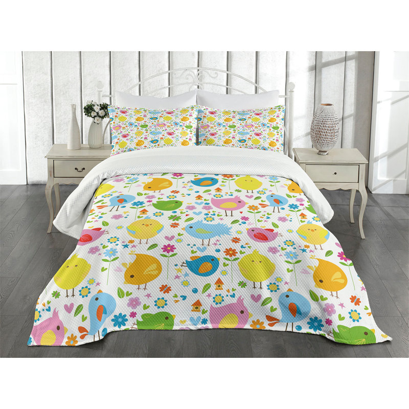 Colorful Birds and Flowers King Size White Bedspread Set
