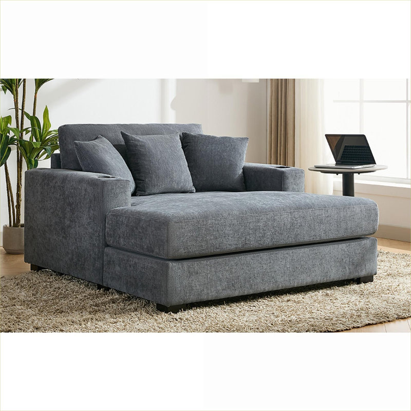 Chaise avec accoudoirs en tissu de chenille surdimensionné gris neutre de 55 pouces surdimensionné et commodité intégrée