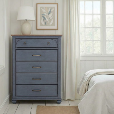 Wauneta 5-Drawer Fully Assembled Chest of Drawers, Farmhouse Coastal Tall Dresser with Soft-Close Drawers & Felt-Lined Top Drawer