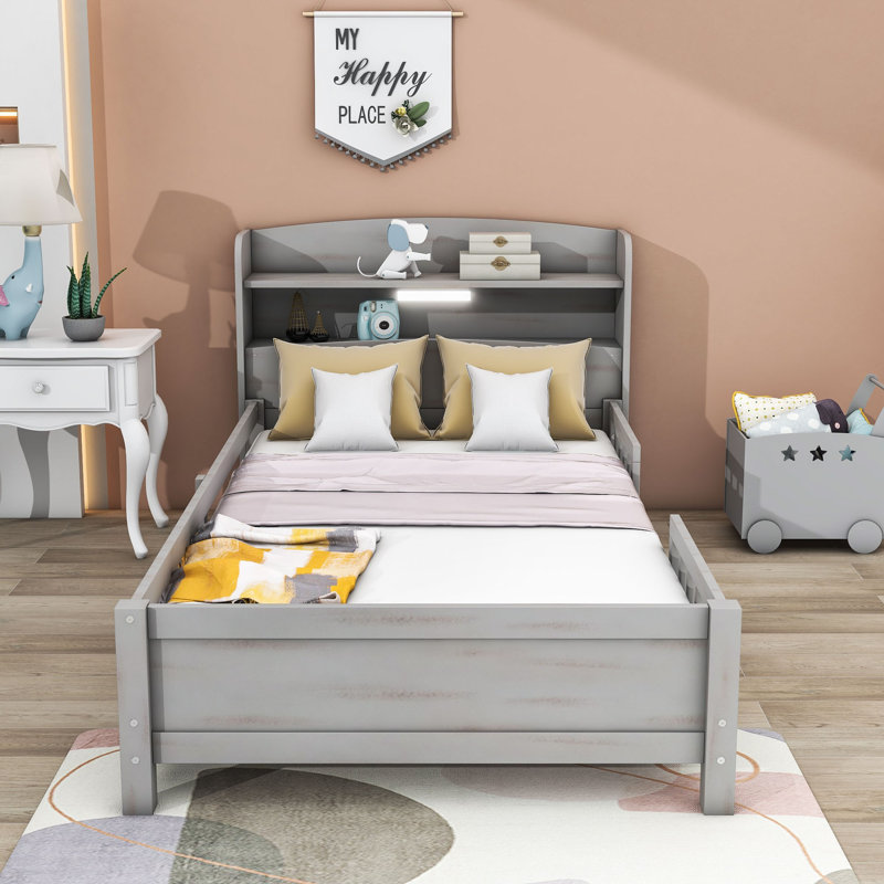 Kortney Wood Platform Bed with Built-in LED Light and Storage Headboard, Antique Gray, Twin