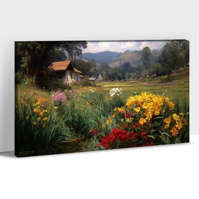 Large Spring Mountain Cottage Canvas Wall Art, Vintage Wildflowers and Countryside Scenery Painting Poster, Framed and Canvas Prints for Farmhouse Bedroom Living Room Decor, 24×36 Inches