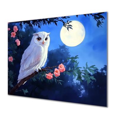 Owl In The Moonlight In Cartoon Style II - Modern Metal Art Print, Owl Metal Wall Decor