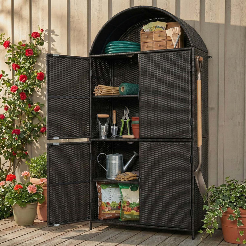 Armoire de rangement haute en osier avec tablettes réglables, Brun / Noir