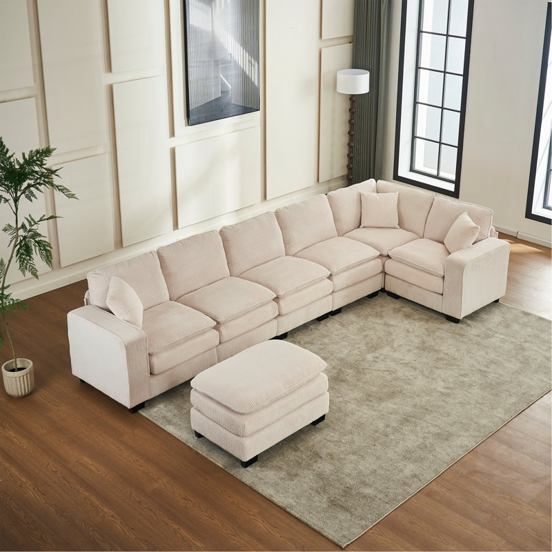 Canapé modulaire moderne en U à 6 places avec un repose-pieds et trois coussins décoratifs, canapé modulaire pour le salon, canapé en velours côtelé
