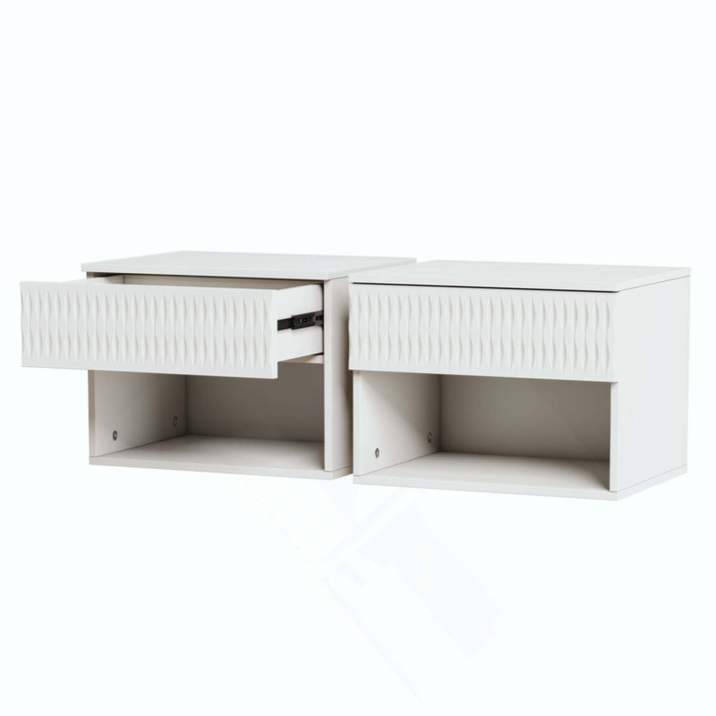 Ensemble de 2 tables de chevet avec armoire murale élégante - tiroir anti-poussière + zone ouverte, rails à 3 niveaux, conception sculptée, anti-vacillement, bricolage, multi-scène
