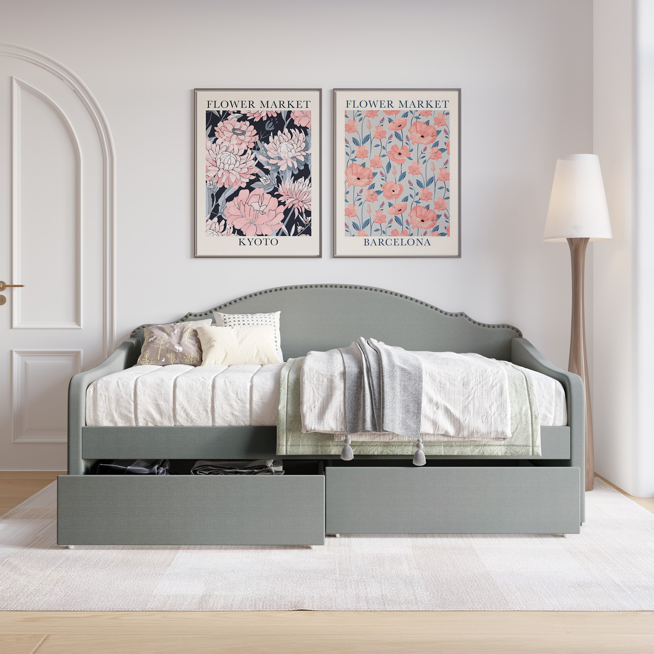 Upholstered daybed deals with storage drawers