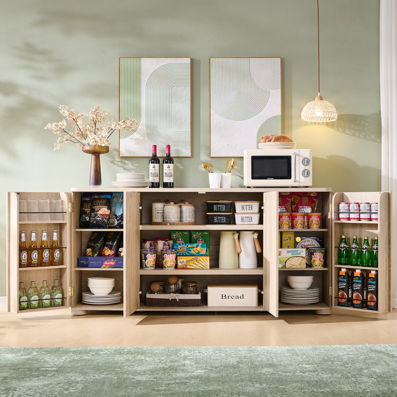 Curved Buffet Cabinet,  Large Sideboard Buffet Storage Cabinet with 4 Doors and Shelves, Modern Coffee Bar Station Wood Kitchen Table