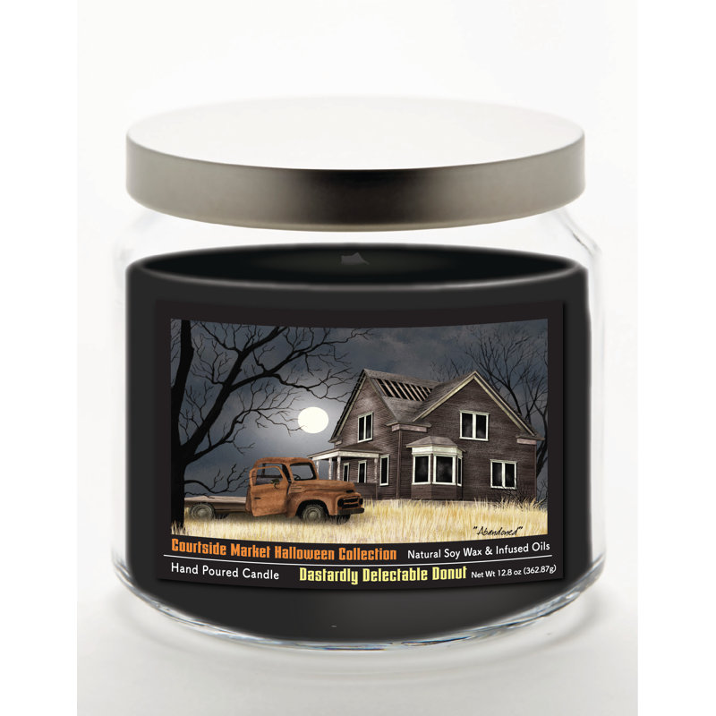 Bougie en pot de verre de 400 g (14 oz) avec couvercle en métal argenté brossé, collection Halloween Barn Moon Light
