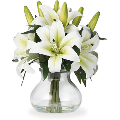  Fleurs de lis tigrées artificielles de 13 pouces, 6 tiges de lys réalistes en soie avec vase en verre, fausses fleurs pour la décoration intérieure, mariage, centres de table, blanc laiteux