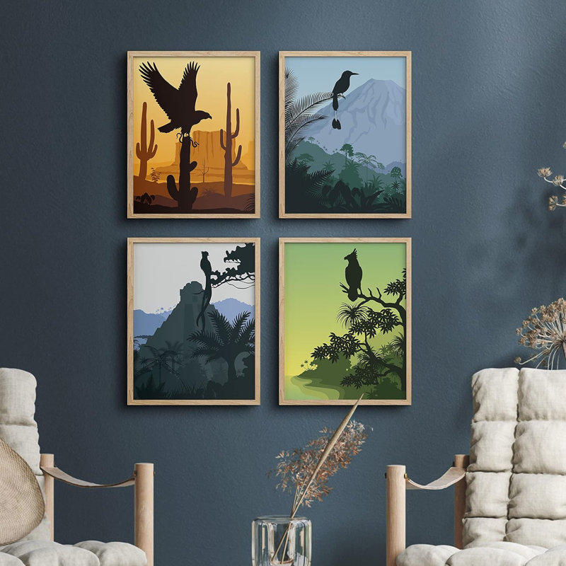 «Wild Hawk Wild Bird Silhouettes», ensemble de 4 animaux encadrés sur papier, impression encadrée sur papier, Naturel