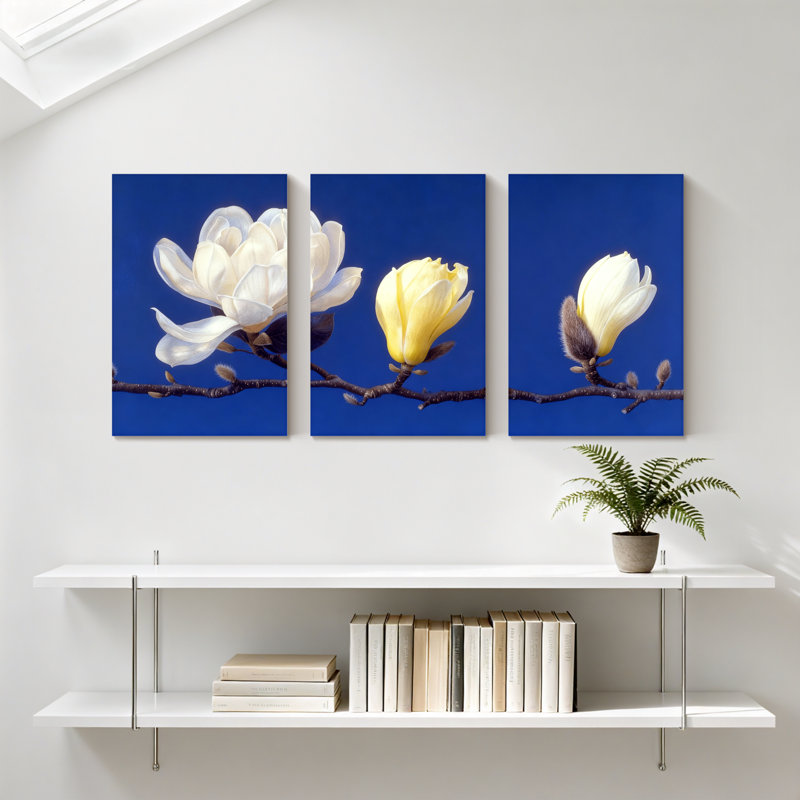 Magnolia blanc, jaune et jaune sur fond bleu, ensemble de 3 impressions sur toile, H 30 po x l 60 po