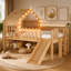 Lit mezzanine simple avec glissade, lit maisonnette avec motifs en forme d'étoile et fenêtre, design chic avec lumières DEL, pas de sommier tapissier nécessaire, naturel