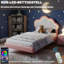 European Single (90X200cm) Children's Bed With LED Headboard, Upholstered Cloud Shaped Frame, Pink Faux Leather