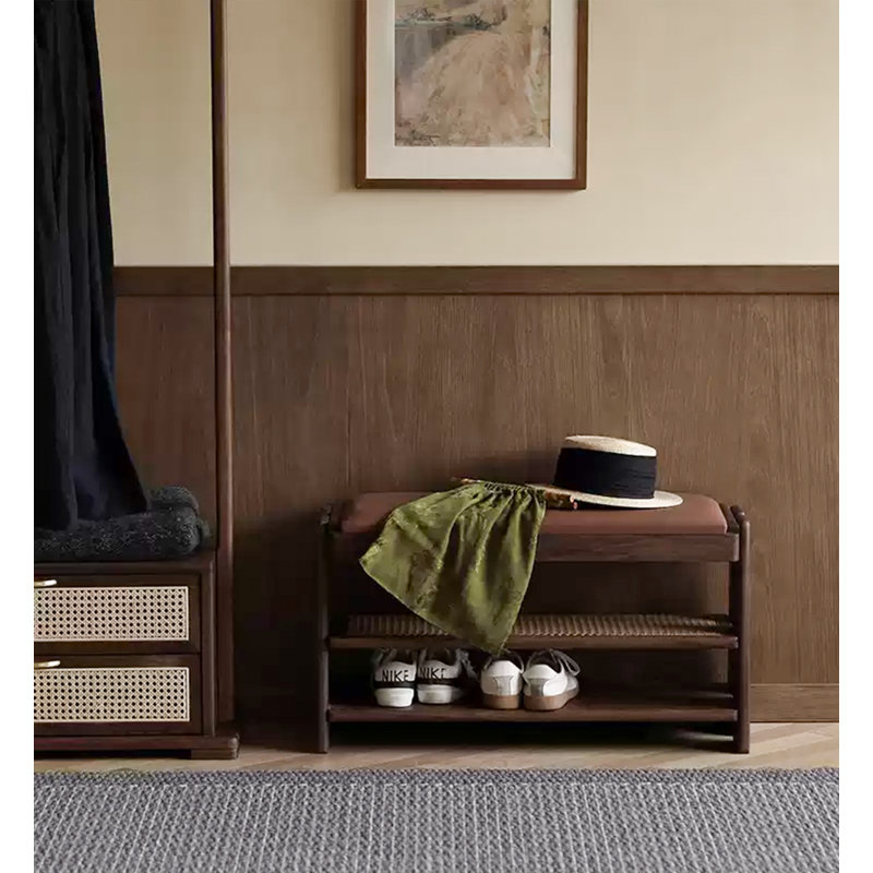 Solid Wooden Rattan Double Decker Shoe Storage Stool