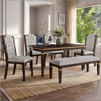 Ensemble de table de salle à manger 6 pièces, table rectangulaire, 4 chaises capitonnées à dossier haut et 1 banc pour la salle à manger et la cuisine