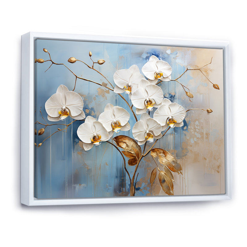 Orchidées beiges et dorées Simplicity III sur toile, Cadre flottant blanc, H 30 po x l 40 po x P 1,5 po