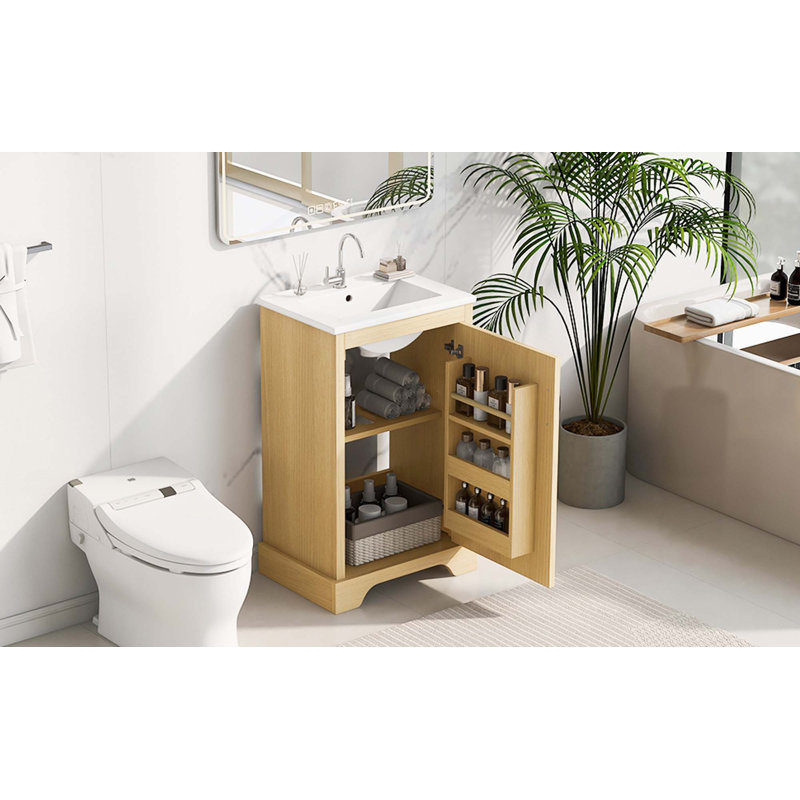 Meuble-lavabo de 20 po avec lavabo, armoire de salle de bain avec porte à fermeture douce, support de rangement et tablette réglable, bois naturel