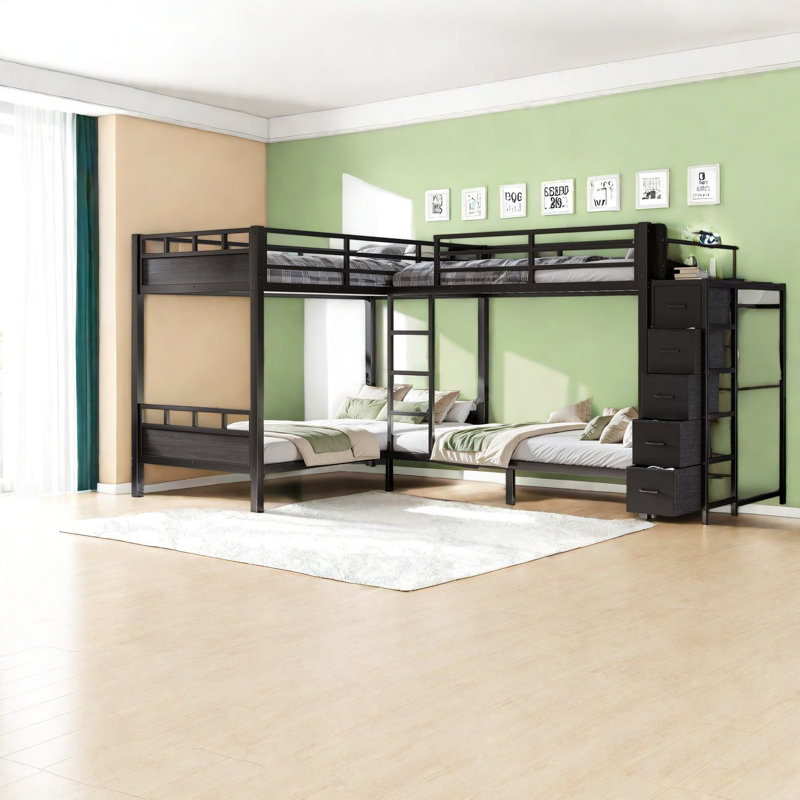Lits jumeaux quadruples avec tiroirs de rangement, cadre moderne en métal et MDF pour maisons familiales