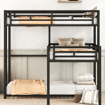 Triple lit simple superposé en forme de L en métal noir avec et barrières de sécurité, aucun sommier nécessaire, conception multifonctionnelle pour le rangement de barrières de sécurité personnalisables, requis, dans un dortoir ou une chambre d'amis