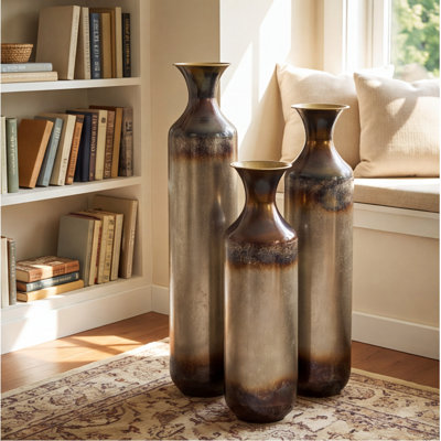 Hand-Forged Metal Vase Set of 3, Burnt Finish, Rustic Floor Vases – 28.34, 24.4, 20.4 Inch Tall for Farmhouse Industrial Decor