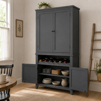 Vinetrisse 77" Farmhouse Kitchen Pantry Cabinet with 4 Shaker Doors, 6 Guardrail Door Racks, 2 Smooth-Glide Drawers, 2 Adjustable Shelves, Built-In 7-Bottle Wine Rack