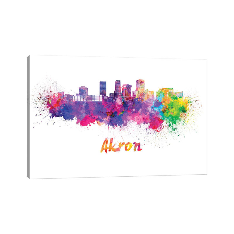 Akron Oh Skyline In Watercolour by Paul Rommer - Wrapped Canvas Painting, 66.04cm H x 101.6cm W 1.9cm D
