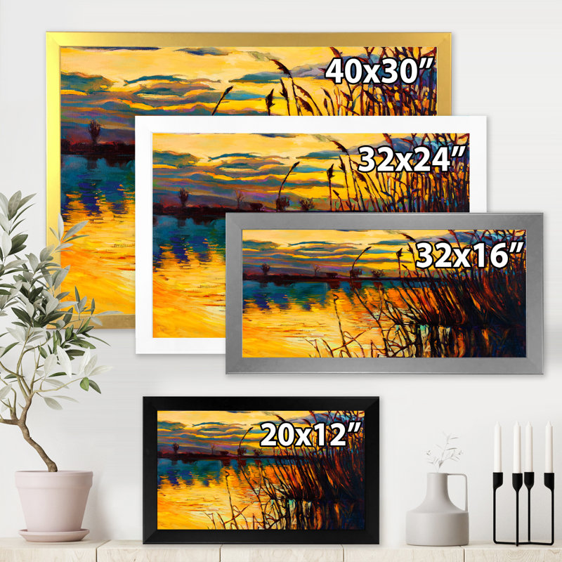 Coucher de soleil jaune à travers les hautes herbes au bord du lac - Peinture sur toile, Cadre doré