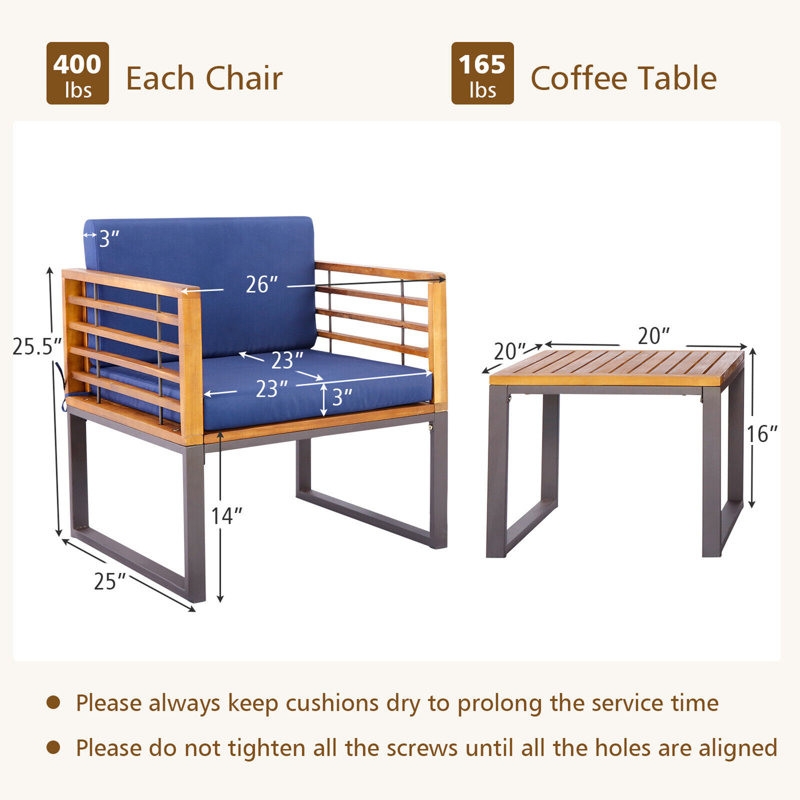 Ensemble de conversation de patio pour 2 personnes avec coussins Brennox