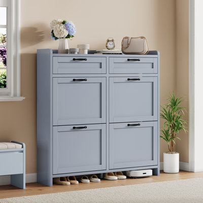 Modern Shoe Cabinet with 2 Flip Drawers & 1 Top Drawer, High-Gloss Wood Organizer with Adjustable Shelves