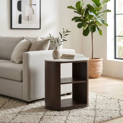 Oval Wooden Side Table Marble On Top With Open Shelf Storage For Living Room - Modern Narrow End Table Accent For Home Decor - 22", White & Brown