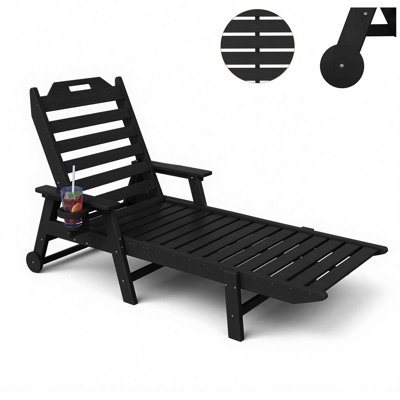 Chaise longue d'extérieur surdimensionnée - Chaise longue en PEHD toutes saisons avec 6 positions, capacité de 500 lb, roues et porte-gobelet pour terrasse, bord de piscine ou arrière-cour - noir