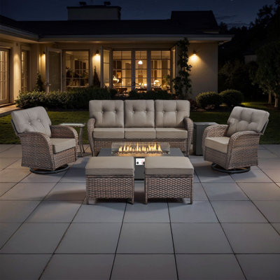 Agnes 5-7 Person Outdoor Wicker Patio T-Back Sofa Set With Fire Pit Table & Swivel Chairs