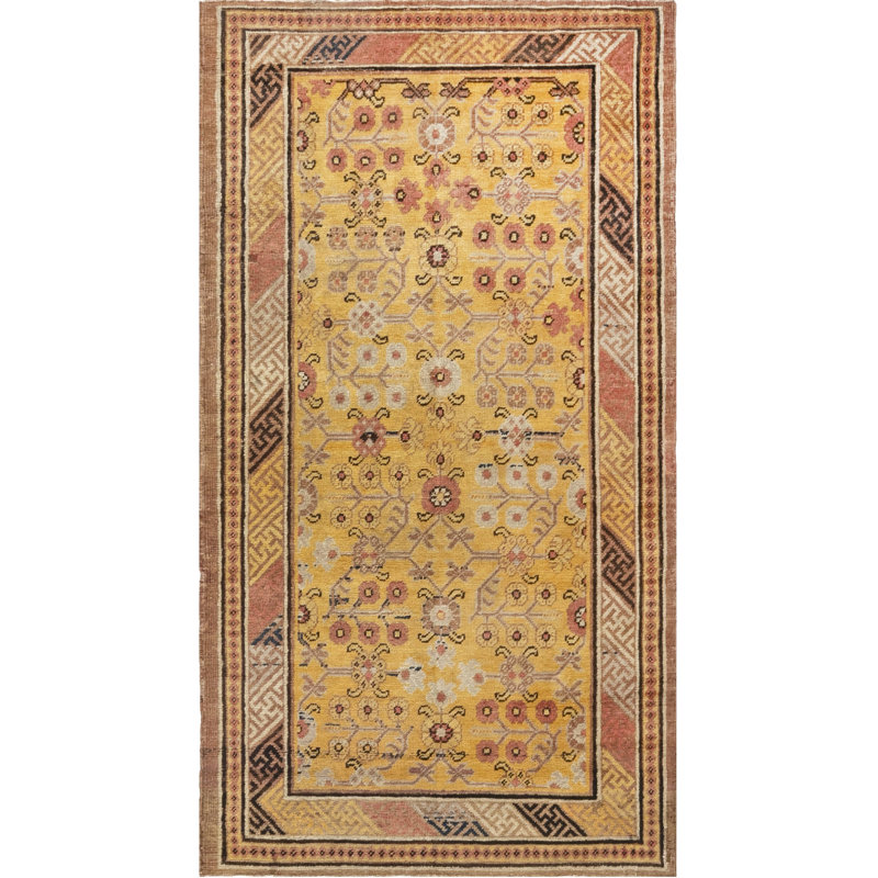 Tapis brun foncé / orange / jaune en laine tissé à la main Mid-Century Samarkand Vintage 3 pi 8 po x 6 pi 6 po