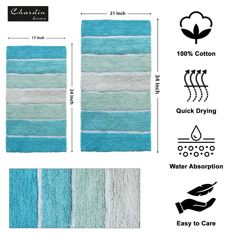Ensemble de 2 tapis de bain à rayures antidérapants 100% coton Cervantes, Aigue-marine / turquoise, 21''x34''/17''x24''