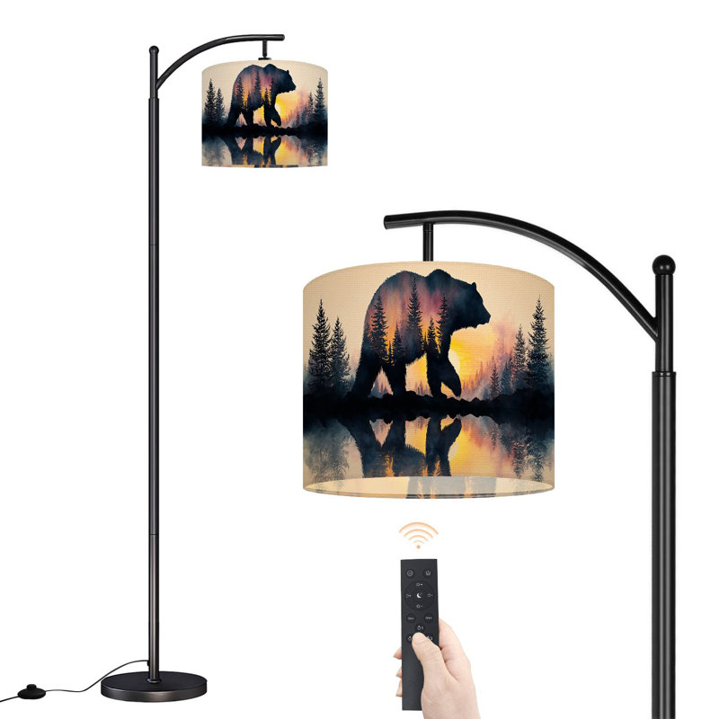 Arc Floor Lamp with Adjustable Lampshade Animal Forest Scene Gem Art Bear Trees Hunting Rustic Standing Lamp 3 Colour Temperatures Dimmable Tall Pole Lamp with Foot Switch for Bedroom