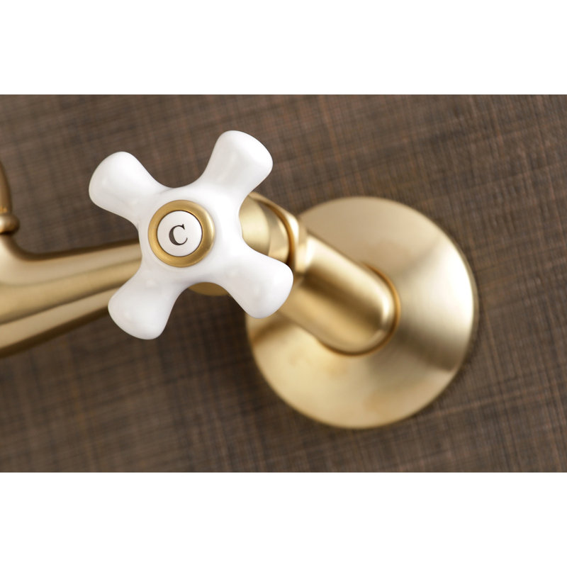 Kingston Brass Vintage Double-Handle 2-Hole Wall-Mount Bridge Kitchen Faucet, Satin Brass