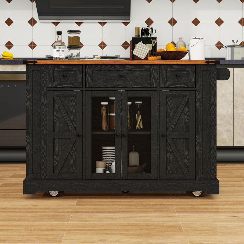 Îlot de cuisine avec abattant, 3 tiroirs, 5 supports latéraux ouverts, station de charge et armoire, Noir