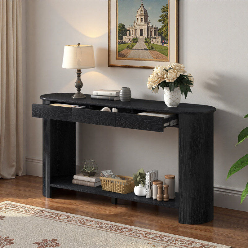 Console moderne avec 3 tiroirs, tablette inférieure ouverte et pieds semi-circulaires, Black